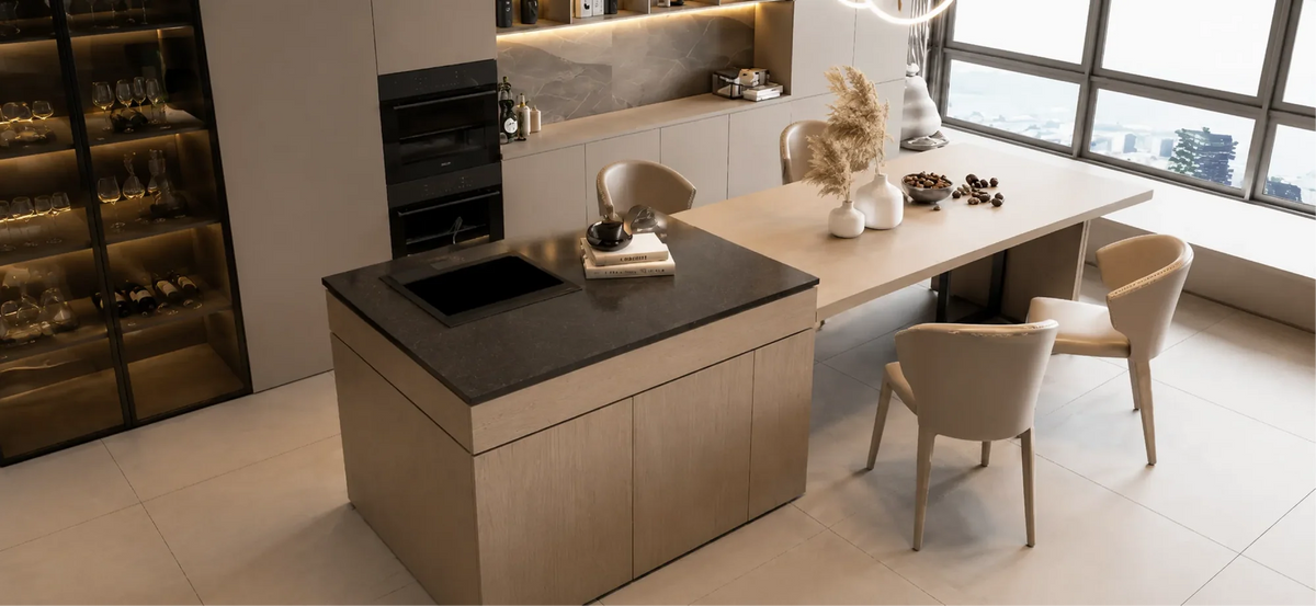 Modern kitchen with dark benchtop island, timber cabinets and glass wine cabinet