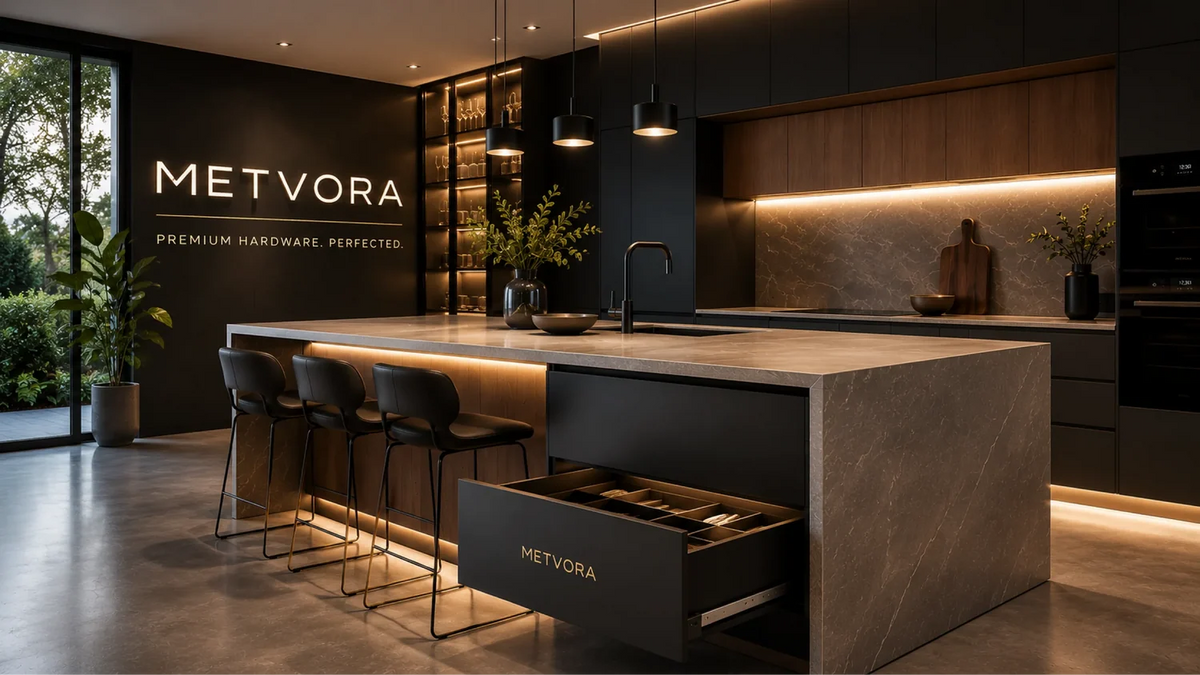 Modern dark kitchen island with an open Metvora slim drawer